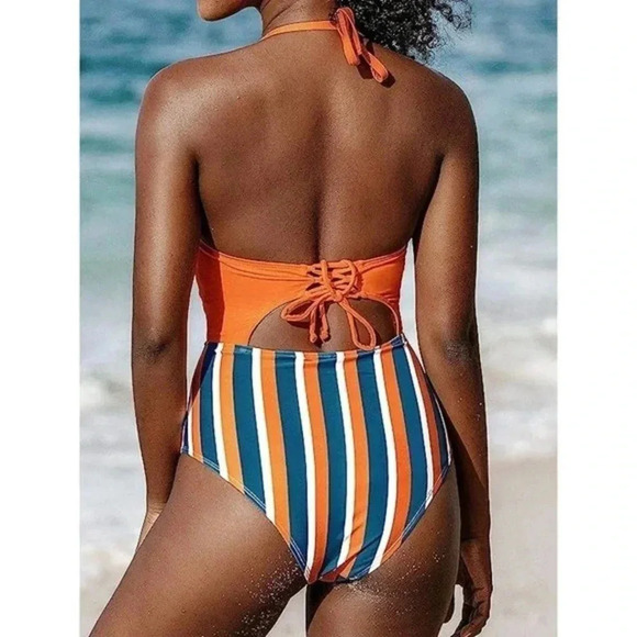 Cupshe Kylie Halter Lace Up Twist One Piece Swimsuit Size L orange blue stripe - Picture 2 of 6